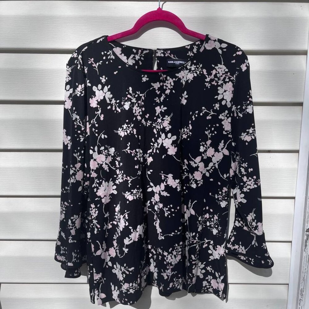 Karl Lagerfeld Black Floral Blouse Size L • Flowy 3/4 Sleeve Top